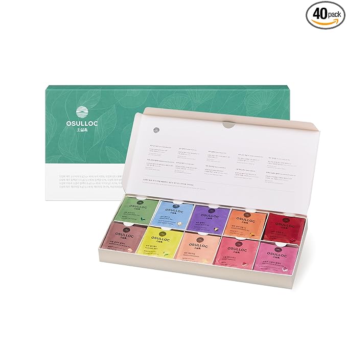 OSULLOC Premium Tea Collection (40 count, 10 flavors x 4 ea), Assorted Tea bag Sampler, Tea Gift sets for Tea lover, Self Care Gift Box, Premium Organic Pure & Blended Tea from Jeju