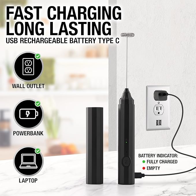 Zulay Froth N Go Milk Frother Rechargeable - 3-in-1 Frother Wand With Case & USB-C Charger - Comes With 3 Whisk Attachments for Latte, Cappuccino, Matcha, Protein Shakes - Black