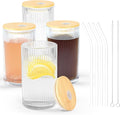 14 oz Drinking Glasses Set of 4 with Bamboo Lids Straws Striped Ribbed Glassware Set Vintage Glass Cups Embossed Iced Coffee Cup for Beer Cocktail Beverage(Ribbed)