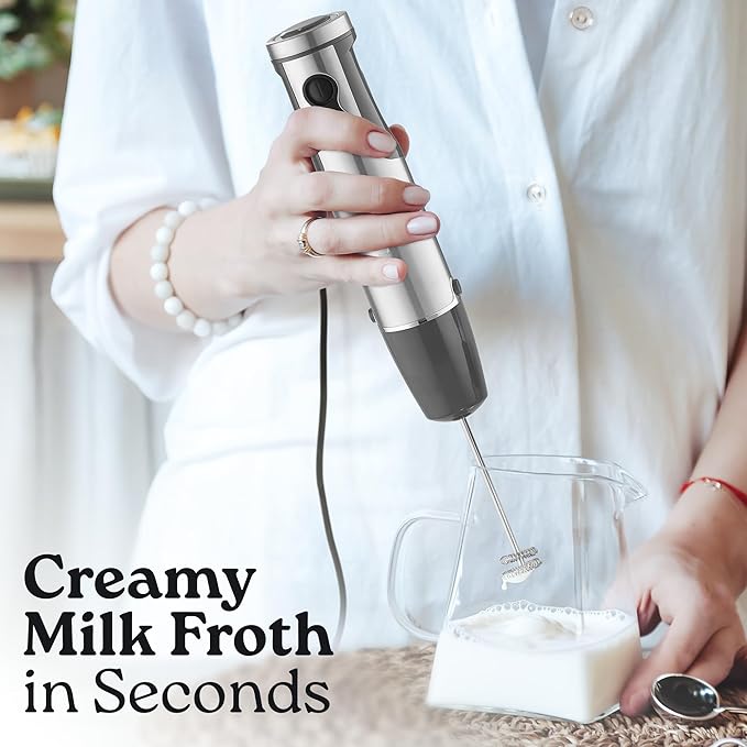 Zulay 4-in-1 Immersion Stick Mixer Hand Blender - 800 Watts, 12 Speeds, 5-ft Power Electric Cord, Handheld Portable, Stainless Steel Blades - With Whisk, Frother & Stick Blender Attachments - Gray