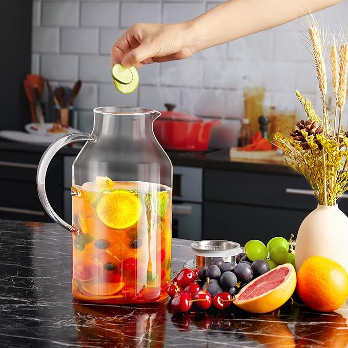 3 Liter 101 oz Glass Pitcher with Lid and Spout, Bivvclaz Glass Water Pitcher for Fridge, Glass Carafe for Hot/Cold Water, Iced Tea Pitcher, Large Jug for Coffee, Juice and Homemade Beverage
