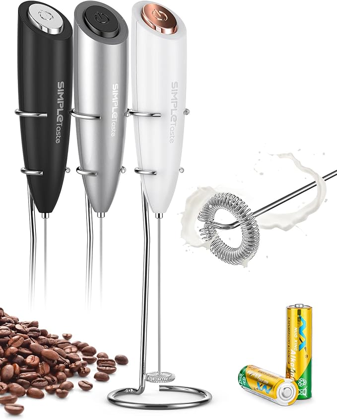 SIMPLETASTE Milk Frother Handheld Battery Operated Electric Foam Maker, Drink Mixer with Stainless Steel Whisk and Stand for Cappuccino, Bulletproof Coffee, Latte