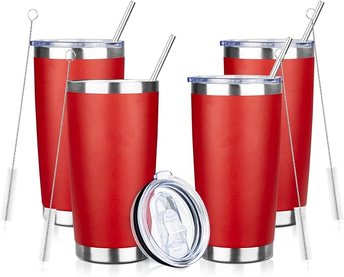 20oz Tumbler with Straw and Brush, Stainless Steel Vacuum Insulated tumbler, Double Wall Insulated Coffee Tumbler for Outdoor, Home, Travel,Office (Bright Red,4pcs)
