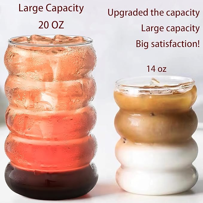 2 Pcs 20oz Drinking Glasses Set with Straws, Cute Iced Coffee Glass Cups, Iced Coffee Tumblers, Thick Drinking Jars for Smoothie, Boba Milk Tea, Ideal for Gift, with Straw Brush