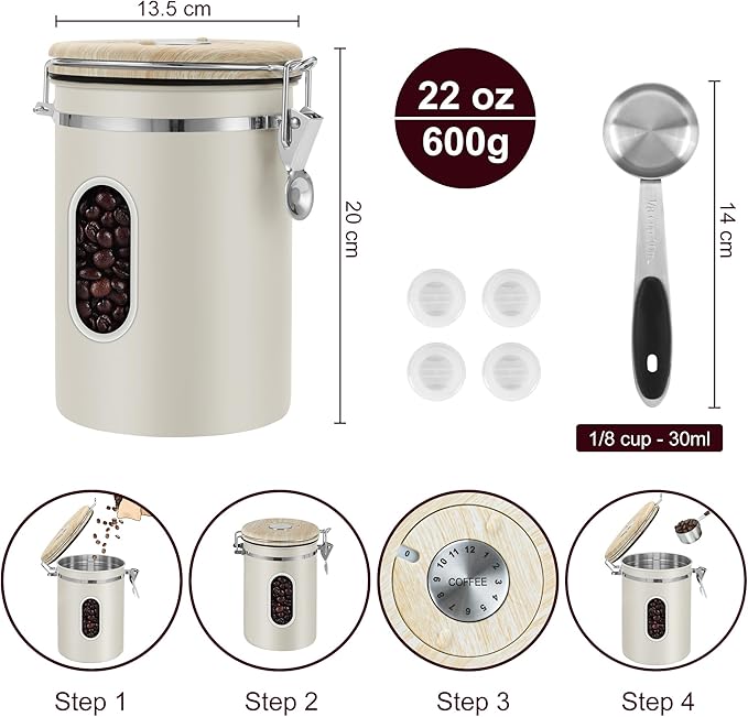 1800ML Airtight Coffee Canister with Date Tracker&Transparent Window, 22.8OZ Coffe Beans Storage with 30ML Measure Spoon&4 co2 Valve, Coffee Container for Grounds Coffee, Beans, Tea, Sugar(Beige)