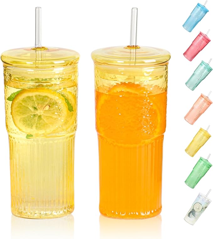 20 OZ Glass Cup with Lids and Glass Straws, High Borosilicate Iced Coffee Glass Tumblers with Lid and Straw for Drinks, 2pcs Reusable Wide Mouth Smoothie Cup(Yellow)