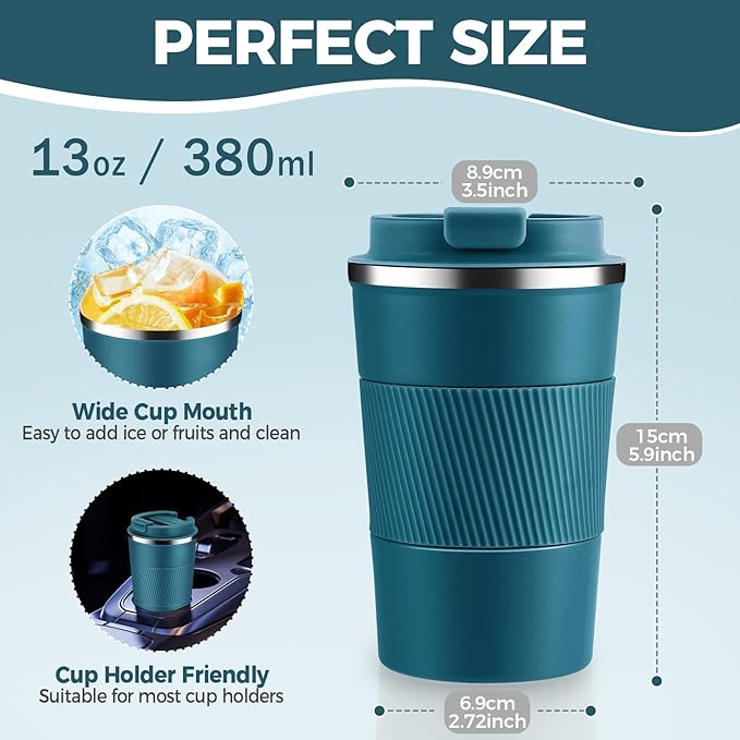 Volhoply 13 oz Stainless Steel Insulated Travel Coffee Mug with Fip Lid,Reusable Double Wall Vacuum Metal Coffee Cup,Portable to Go Leak Proof Cafe Thermal Tumbler for Hot & Cold Drinks(Bule,1)