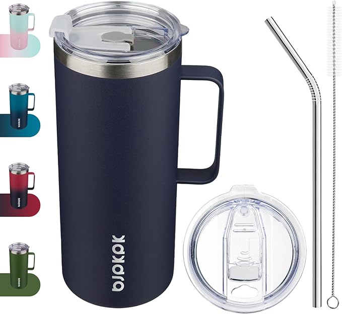 BJPKPK Insulated Coffee Mug with 2 Lids, 32oz Stainless Steel Insulated Tumbler with Handle, Double Wall Vacuum Coffee Cups, BPA Free Travel Mug for Coffee, Tea and Drinks, Navy Blue