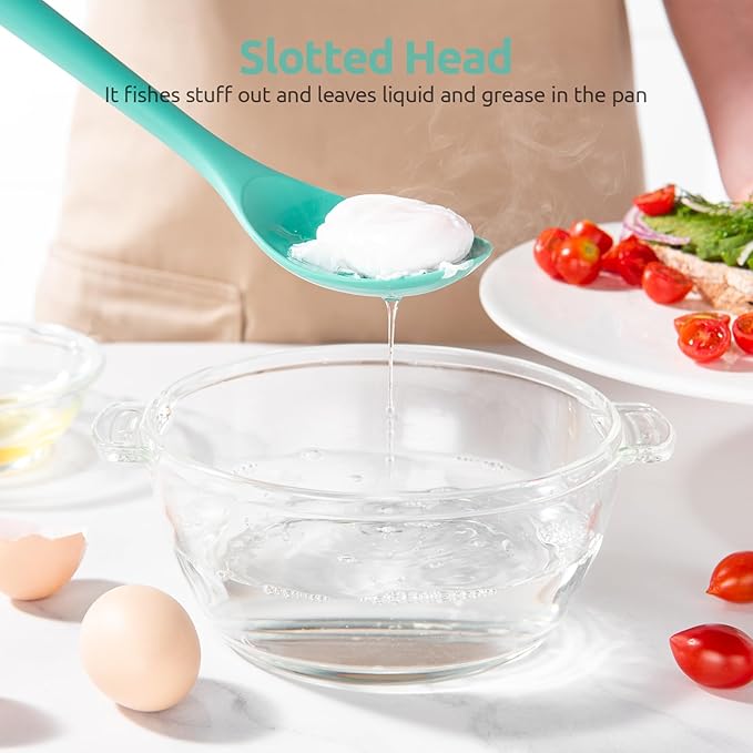600ºF Heat Resistant Silicone Spoons: U-Taste 13.3in Solid & Slotted Kitchen Cooking Tool, Nonstick Long Rubber Utensil, Sturdy for Mixing, Serving, Stirring, Frying, Basting (Aqua Sky, 2PCS)