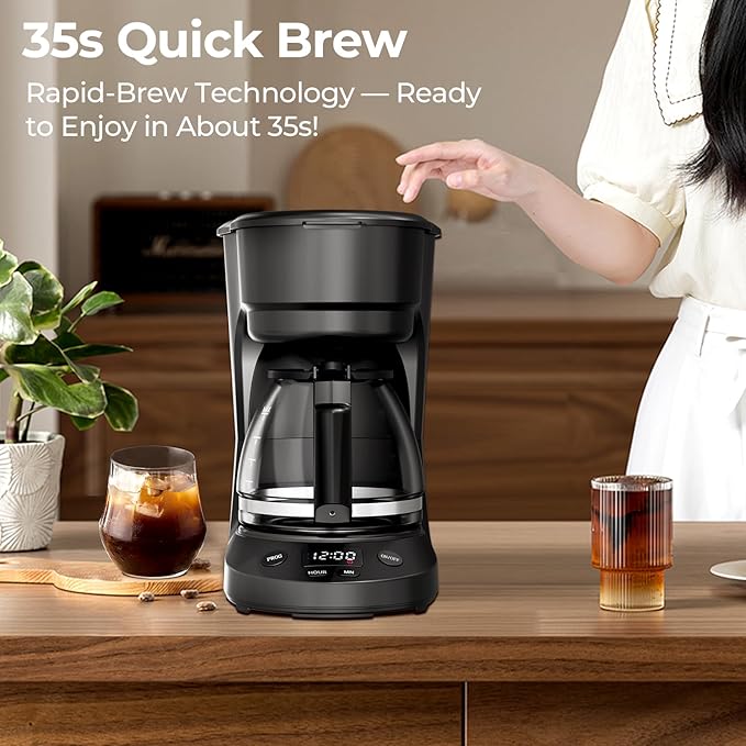 5-Cup Drip Coffee Maker with 24h Programmable Timer, Compact Coffee Machine with Food-grade Glass Carafe, 2h Keep Warm with Auto Shut-off, Delay Brew, 25oz Water Tank, Ideal for Home/Office
