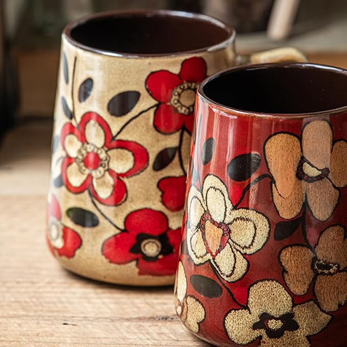 Large 24 oz Ceramic Coffee Mug with Large Handle, Vintage Floral Coffee Cup, Extra Big Tea Cup for Office and Home, Dishwasher and Microwave Safe, Red