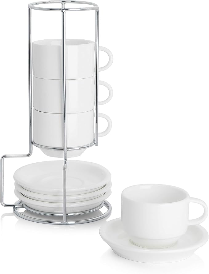 Sweese 2.5 Ounce Porcelain Stackable Espresso Cups with Saucers and Metal Stand Set of 4, White