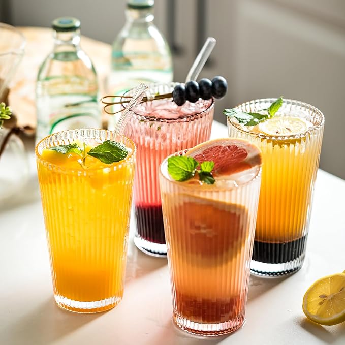KEMORELA 12-Piece Vintage Ribbed Glassware Set, Old Fashioned Glasses, 16oz Clear Drinking Glasses with Straws, Ideal for Party and Casual Drinking - Classic Design for Any Occasion