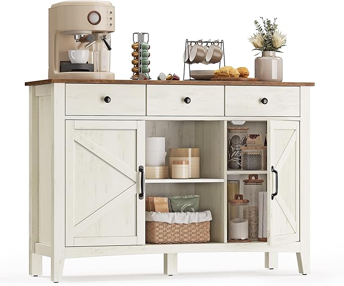 VASAGLE LIRY Collection - Buffet Cabinet, Coffee Bar Cabinet with 3 Drawers, Adjustable Shelves, Sideboard Storage with Cable Holes, Drawer Dividers, Rustic White and Honey Brown UBBK371W01V1