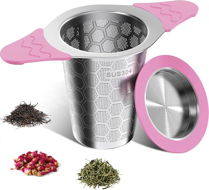Tea Infuser for Loose Leaf Tea,18/8 Stainless Steel Tea Infuser with Heat Proof Silicone Handles,Extra Fine Mesh Tea Strainers Filter Fine Tea Leaves Effectively,Fits TeaPots/Mugs-Pink