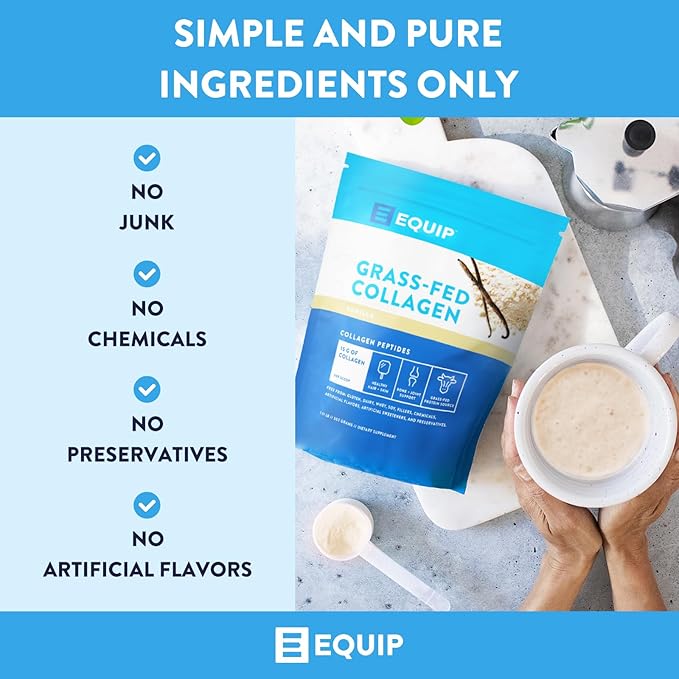 Equip Foods Grass Fed Collagen Powder | Hydrolyzed Bovine Collagen Peptides with Amino Acids | Prime Beef Collagen for Healthy Joints, Skin & Nails | Non-GMO, Paleo Friendly | 30 Servings, Vanilla