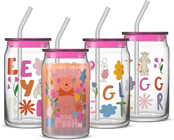 JoyJolt Disney Winnie the Pooh & Friends Flower Power Glass Tumblers with Lids and Straws, 16oz Glass Cups with Lids and Straws, Can Shaped Drinking Glasses Set of 4, Disney Gifts for Adults