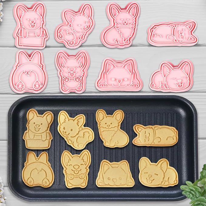 8 Corgi Dog Cookie Cutters Set, 3D Puppy Cookie Stamps, Cupcake Pancake Apple Pie Pastry Biscuit Molds, Cookie Baking Molds for Dog Party Decorations (Corgi)