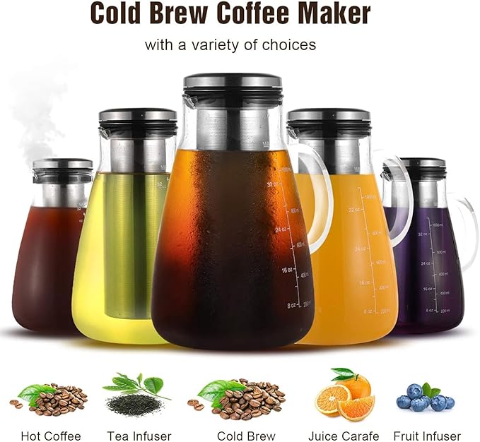 Cold Brew Iced Coffee Maker 34oz, Brewed Coffee Pot with Removable Double Mesh 304 Stainless Steel Filter, BPA-Free Cold Brew Pitcher Glass Container, Tea Maker