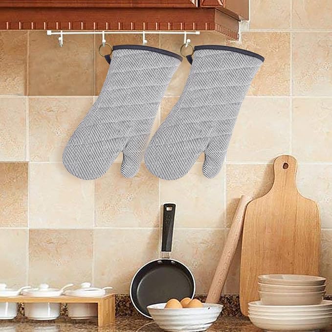 1 Pair Yarn Dyed Oven Mitts 100% Cotton Heat Resistant 470 Degree Gloves Men Women Cooking Baking Barbecue BBQ Microwave Crafting Machine Washable Pot Holders Mittens (Grey)