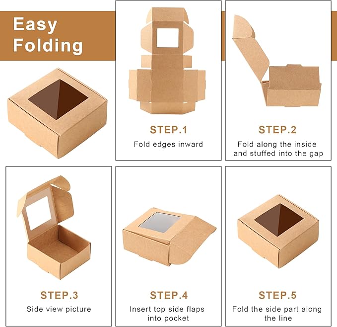 Zonon 30 Pcs Soap Boxes for Homemade Packaging, Mini Kraft Treat Boxes with Window for Bakery Candy Soap Making Gift Packaging(2.56 x 2.56 x 1.18 Inch,Brown)