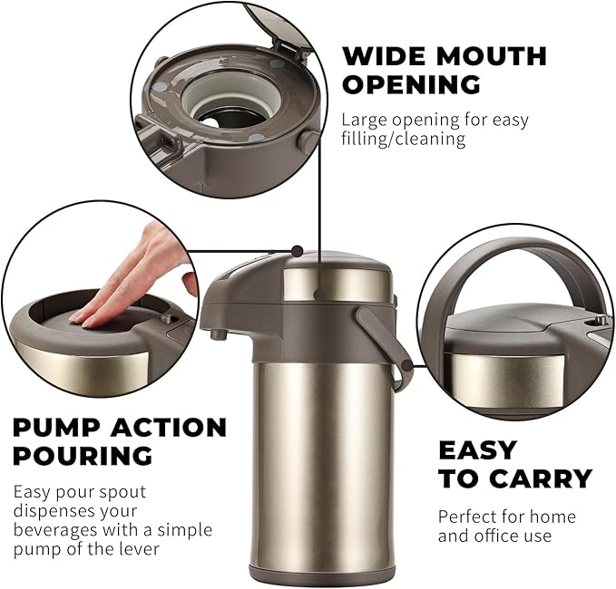 OJOJ 3L/101OZ Thermal Coffee Carafe with Pump, Thermal Beverage Dispenser, Coffee Airpot Stainless Steel Coffee Carafe for Hot Drinks Gold