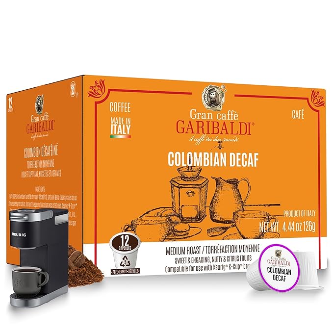 Caffè Garibaldi Colombian Decaf Coffee Pods, Single-Serve Capsules for Keurig K-Cup Brewers, Single Serve Cups with 100% Arabica Blend for Coffee Makers, 12 Count Recyclable Pods - Medium Roast