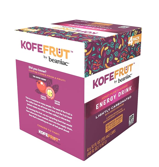 KOFEFRUT by beaniac Caffeinated Energy Drink, Honey Plum, Lightly Carbonated, Reduced Sugar, 80mg Caffeine, Polyphenols, Antioxidants, Vitamin C, 12 Fl Oz Can (Pack of 4)
