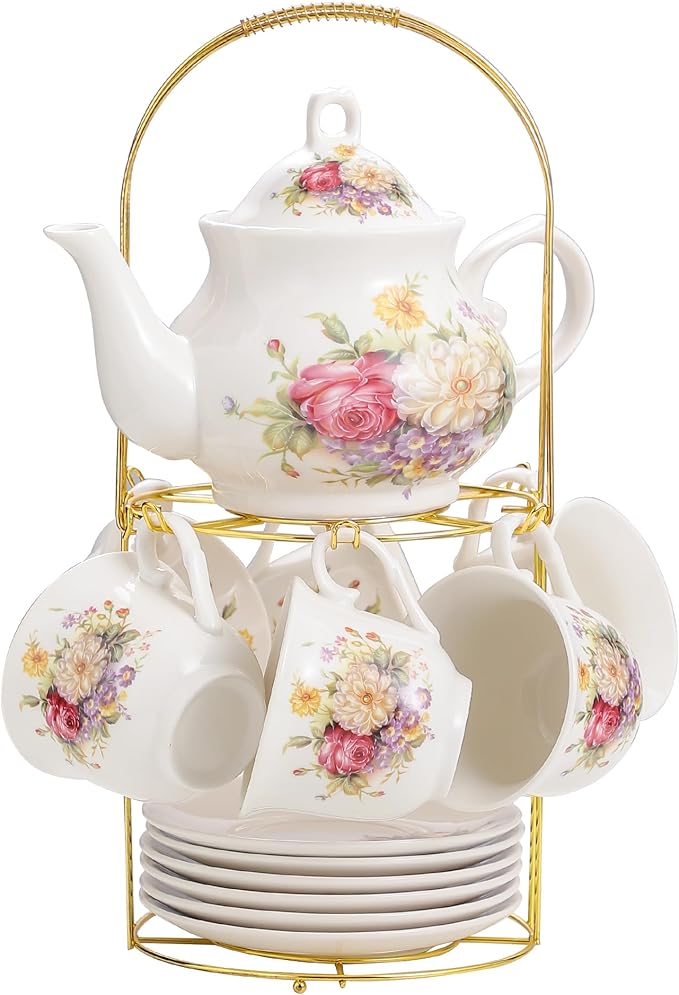 20-Pieces Porcelain Tea Sets For Women, Tea Set For Adult with Golden Metal Rack,Tea Gift Sets for Home&Party(012)