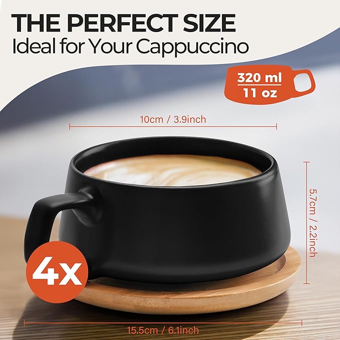 MIAMIO – 11 Oz., Set of 4 Ceramic Tea Cup and Saucer Bamboo/Tea Mug - Wide Cappuccino Cup, Coffee Cups Ceramic Mug for Cappuccino, Latte, Espresso & Americano - Luxe Collection (Black)