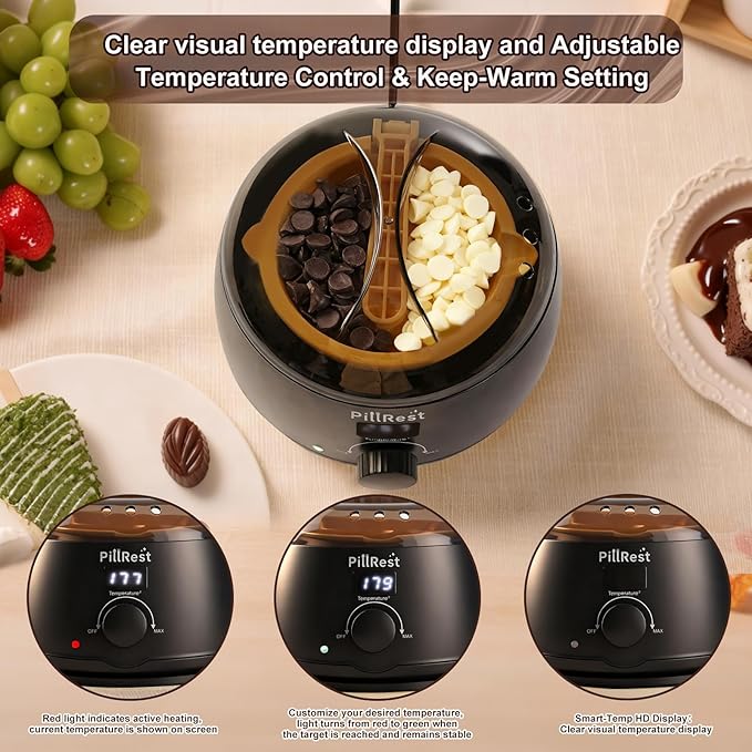 Chocolate Melting Pot, Electric Candy Melter with 2 Non-Stick Silicone Bowls, Digital Display for Real-Time Temperature Control, Fondue Warmer Set for Dipping Chocolate, Cheese, Candy & Cake Pop