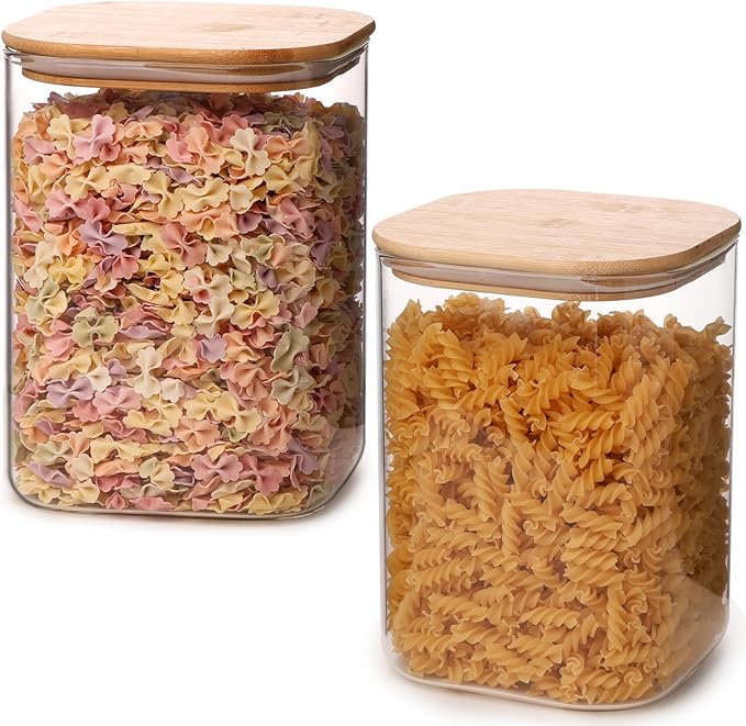Glass Food Storage Jars 150 Set of 2,Glass Storage Containers Clear Glass Food Canister with Bamboo Lid Airtight For Serving Tea, Coffee, Flour, Sugar, Candy, Cookie, Spice and More (Square)