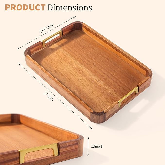 Acacia Wood Serving Tray with Metal Handles, 17x12in Food Drinks Tray for Coffee Table, Breakfast, Dinner & Bar, Rustic Decorative Storage Tray for Ottoman, Kitchen, Parties