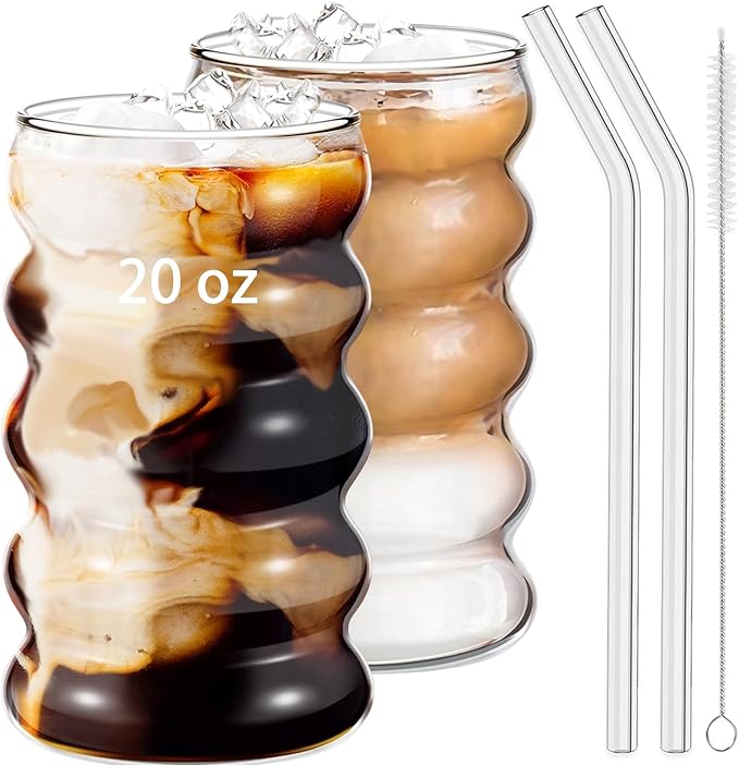 2 Pcs 20oz Drinking Glasses Set with Straws, Cute Iced Coffee Glass Cups, Iced Coffee Tumblers, Thick Drinking Jars for Smoothie, Boba Milk Tea, Ideal for Gift, with Straw Brush