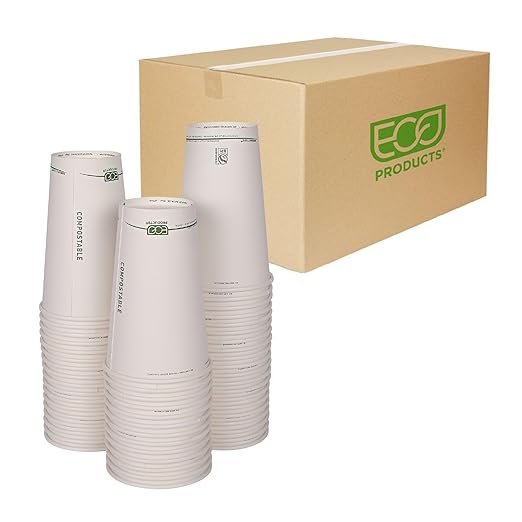 ECO PRODUCTS Compostable Disposable GreenStripe 16oz Coffee Cups, Case of 1000, White Single Wall Hot Paper Cup, Plant Based PLA Lining, Biodegradable