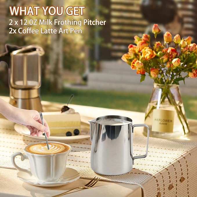 2 Pack Stainless Steel Milk Frothing Pitcher, 12 Oz/350ml, with Latte Art Pen
