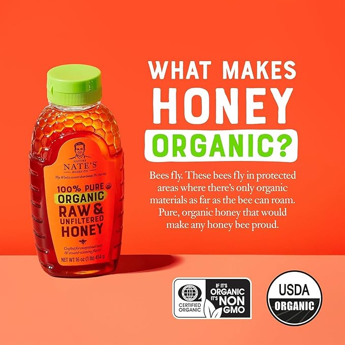 Nate's Organic 100% Pure, Raw & Unfiltered Honey - USDA Certified Organic - 16oz. Squeeze Bottle