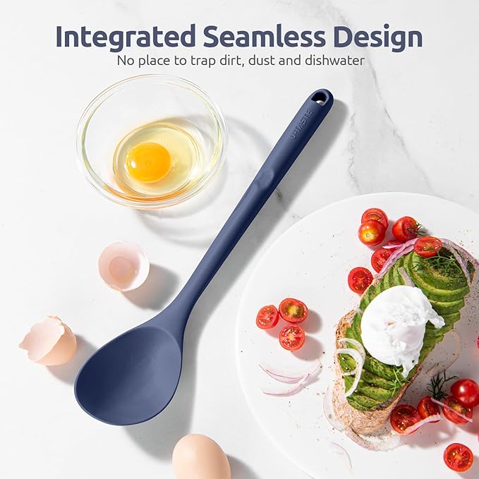 600ºF Heat Resistant Silicone Spoon: U-Taste 13.3in Solid Kitchen Cooking Spoon, Nonstick Food Grade Large Soup Rubber Utensil for Mixing, Serving, Stirring, Basting, for Pot Cookware (Midnight Blue)
