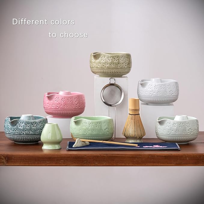 Matcha Whisk Set, Ceramic Matcha Set Includes Matcha Bowl, Matcha Whisk and Holder, Bamboo Scoop, Scoop Rest, Sifter and Tea Towel - 7 Pcs Matcha Kit for Matcha Lovers (Mottled Green)