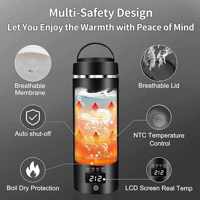 Travel Mini Kettle Portable Small Electric Kettle with Plug-in Boiling & Keeps Warm via USB, Portable Water Boiler with 4 Temperature Settings, 304 Stainless Steel with Auto Shut-off 16oz(Black)