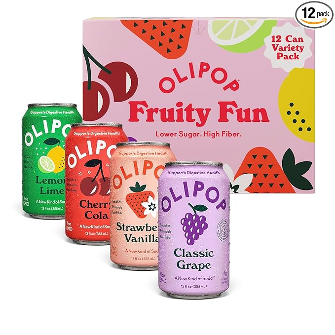 OLIPOP Prebiotic Soda Pop, Fruity Fun Variety, Pantry Pack Packed with Prebiotics, Fiber, and Botanicals, Gluten Free, Vegan, GMO Free, 12oz (12-Cans)