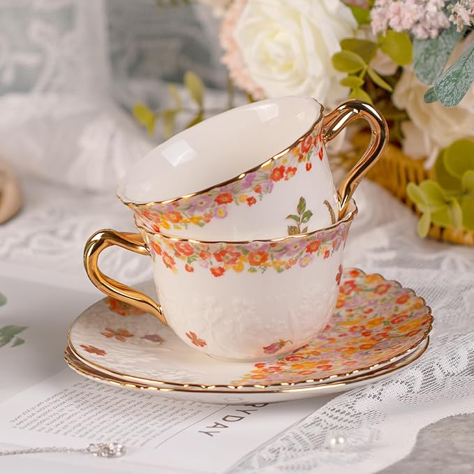 KAMMAK Tea Cups and Saucers Set of 2, Reinforced Porcelain Coffee Cups, 8.5-Ounce Stackable Espresso Mugs, Ceramic Demitasse for Coffee, Cappuccino, Latte, Americano, Tea, Secret Flourish