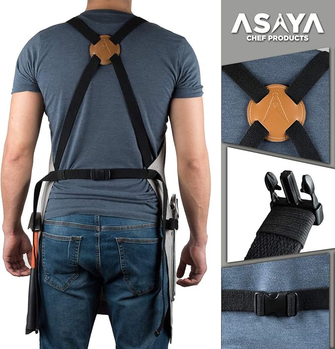 Asaya Chef and BBQ Apron with Bottle Opener and Hand Towel - 10oz Cotton Canvas, Stainless Steel Hardware - Cross Back Straps