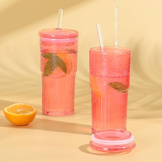 20 OZ Glass Cup with Lids and Glass Straws, High Borosilicate Iced Coffee Glass Tumblers with Lid and Straw for Drinks, 2pcs Reusable Wide Mouth Smoothie Cup(Red)