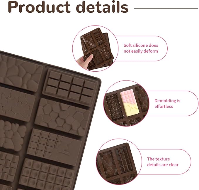 2 Pcs Brown Mini Chocolate Bar Mold for Dubai, Candy Silicone Mold