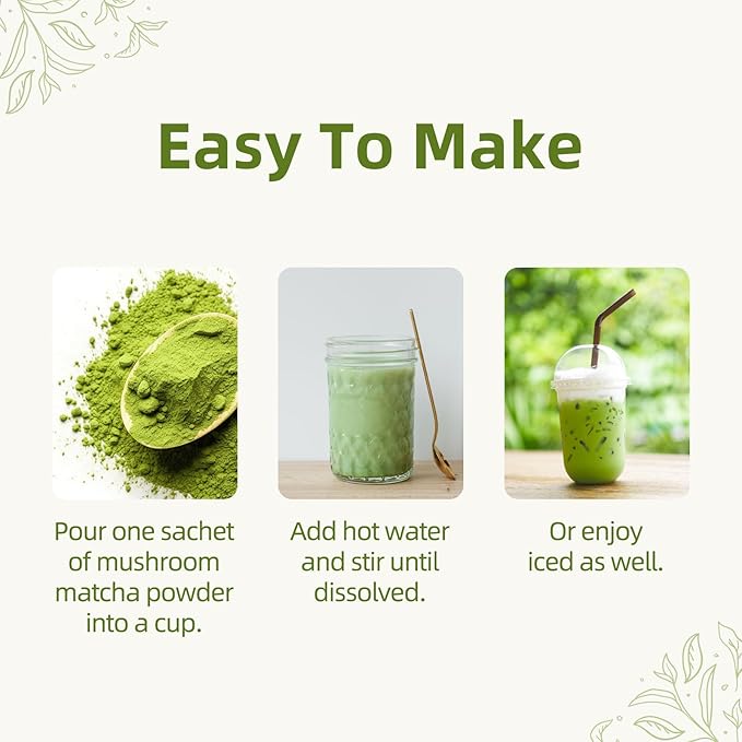 GANOHERB Mushroom Matcha Powder Latte Mix, 7.4 Ounce, 7 Superfood Mushrooms with 25% Beta-Glucans, Lions Mane, Reishi, Chaga, Coconut Powder, Ceremonial Grade Matcha Tea