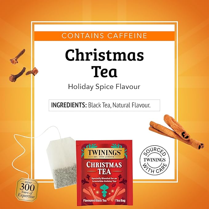 Twinings Christmas Black Tea Individually Wrapped Bags, 20 Count (Pack of 1), Aromatic Cinnamon & Clove, Caffeinated, Enjoy Hot or Iced, 20 Teabags