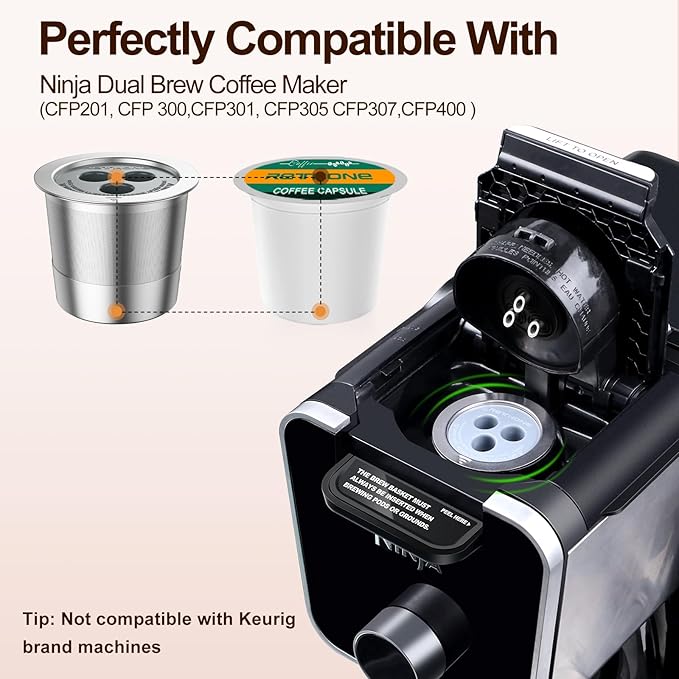 RETHONE Reusable K Cup Reusable Coffee Pods Compatible with Ninja Coffee Maker, Stainless Steel Reusable Coffee Filters for Ninja CFP201 CFP300 CFP301 CFP305 CFP307 CFP400 Dual Brew Pro (1 Pack)