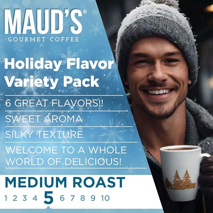 Maud's Holiday Blend Coffee Pods Variety Pack, 42 ct, 6 Assorted Flavors, Medium Roast Coffee in Recyclable Single Serve Pods – 100% Arabica Coffee, Compatible with Keurig K Cups Maker