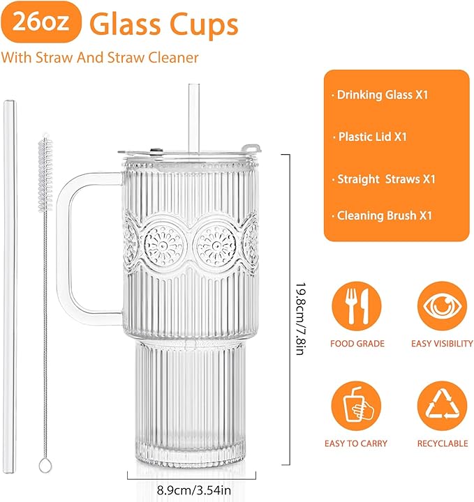 26oz Ribbed & Floral Glass Tumbler with Handle – Smoothie Cup with Lid & Straw – Reusable Iced Coffee Tumbler for Hot & Cold Drinks – Perfect for Smoothies, Matcha,Whiskey (Set of 1)